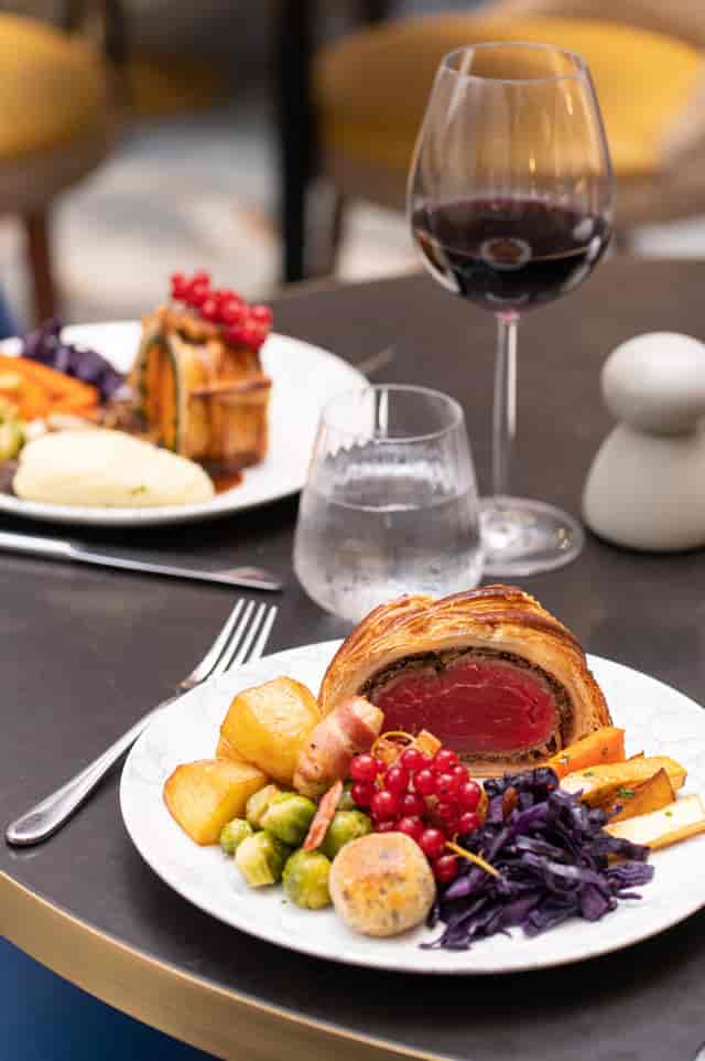 Gourmet beef Wellington at Found Bar, upscale dining for corporate events and celebrations.