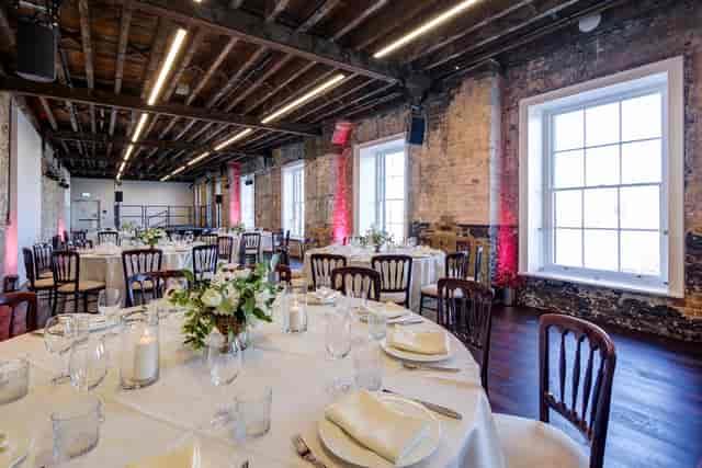Elegant dining area at Beanfeast, Woolwich Works, ideal for weddings and corporate events.