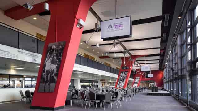 Cusack Suite in Croke Park: modern event space with red accents for corporate gatherings.
