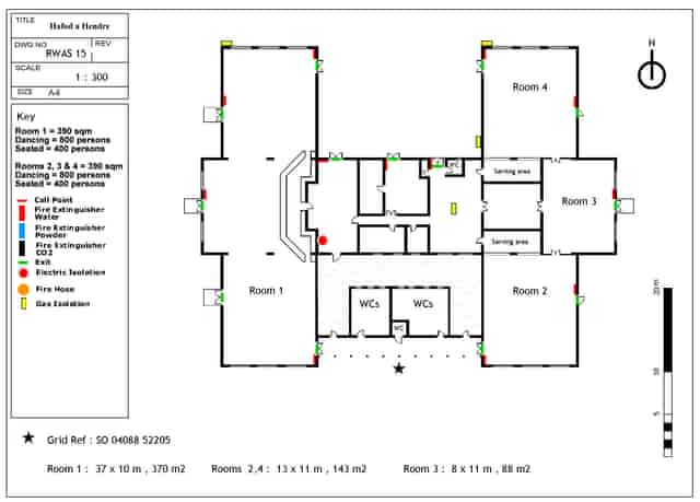 Hafod a Hendre floor plan for events with room dimensions and seating arrangements.