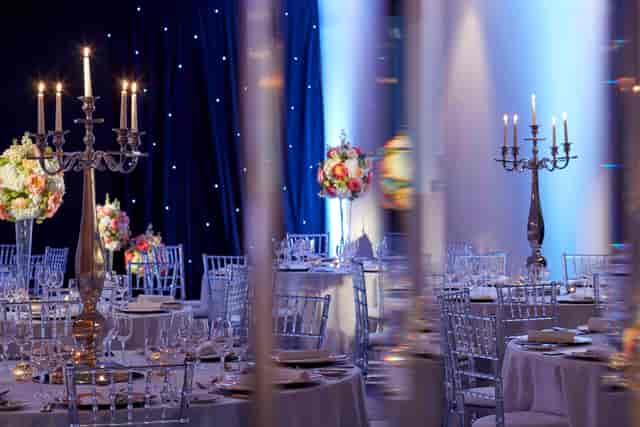 Tavistock Bloomsbury banquet: elegant chairs, candelabras, gala, wedding.