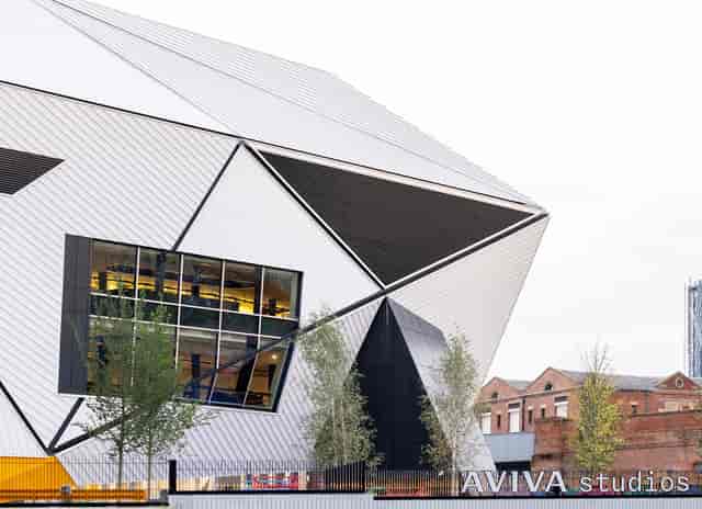 Modern Aviva Studios venue with geometric design, perfect for innovative events and gatherings.