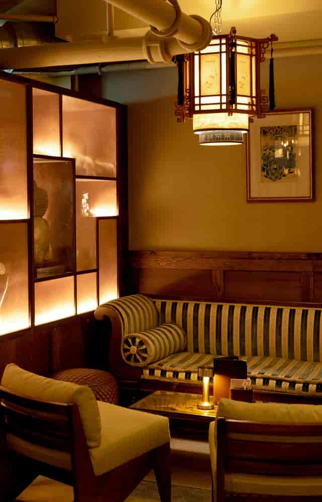 Sophisticated lounge area with elegant decor for networking events at Lucy Wong.