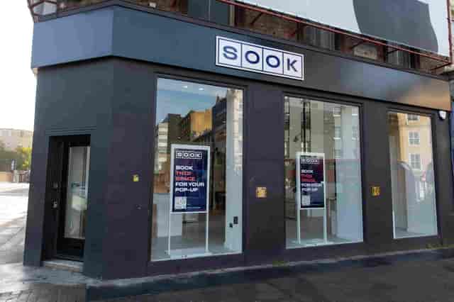 Modern pop-up retail space with large glass windows for events in Sook Oxford Street.