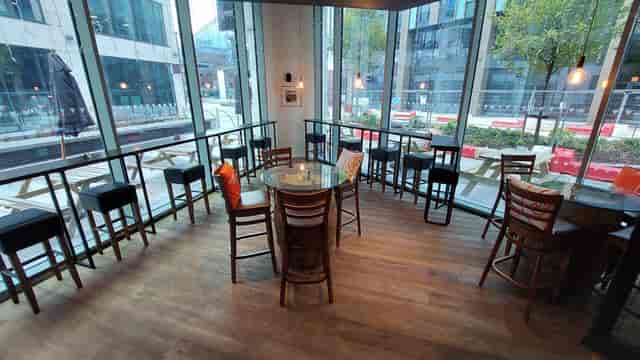 Semi-private meeting space with round table at Veeno Italian Wine Bar Leeds for networking events.