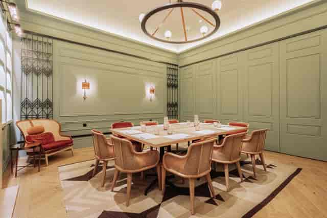Mortise Suite boardroom for intimate executive strategy meetings at Hart Shoreditch Hotel.