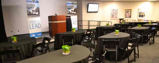 Press conference room at Citi Field with sleek tables, ideal for professional meetings.