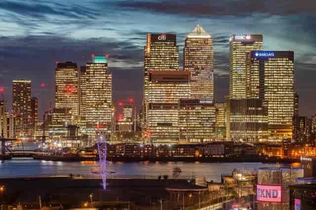 Canary Wharf skyline at dusk, perfect for corporate events and conferences.
