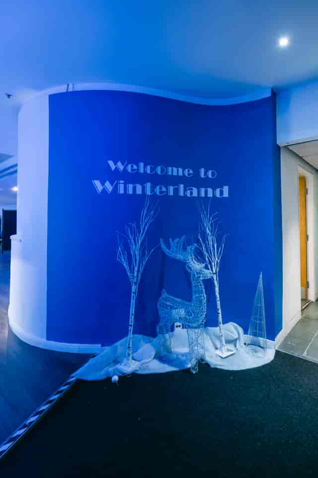 "Winterland Christmas welcome display with deer and trees for festive events"