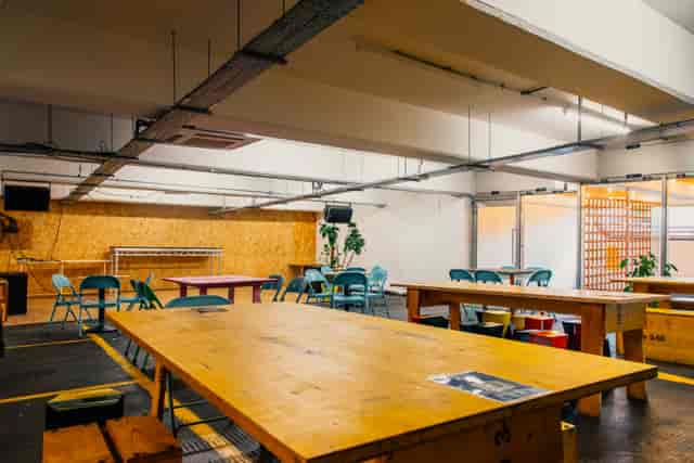 Versatile event space in Peckham Levels with natural light for meetings and workshops.