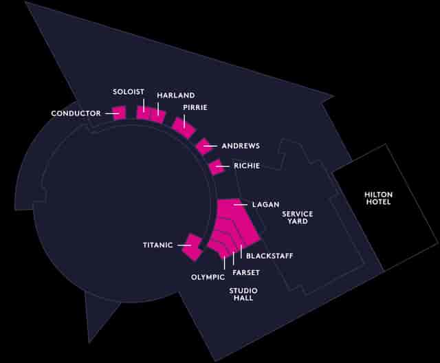 Seating chart at ICC Belfast for events, featuring circular layout and key sections.