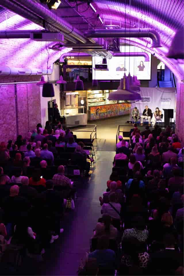 Panel discussion at Mamuśka! Restaurant, Southbank - vibrant venue for networking events.