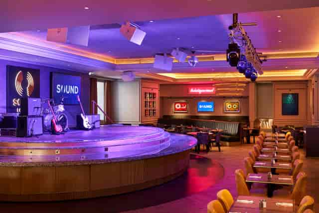 NYE VIP Private Booth at SOUND Cafe with stage, ideal for concerts and gatherings.