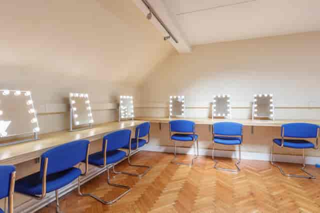 Marylebone Theatre dressing room with vanity mirrors, ideal for event preparations.