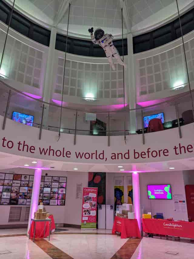 Modern event space in National STEM Learning Centre with pink lighting for conferences.
