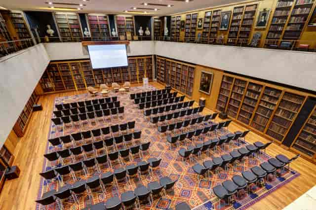 Dorchester Library event space with elegant wooden shelves, ideal for conferences and seminars.