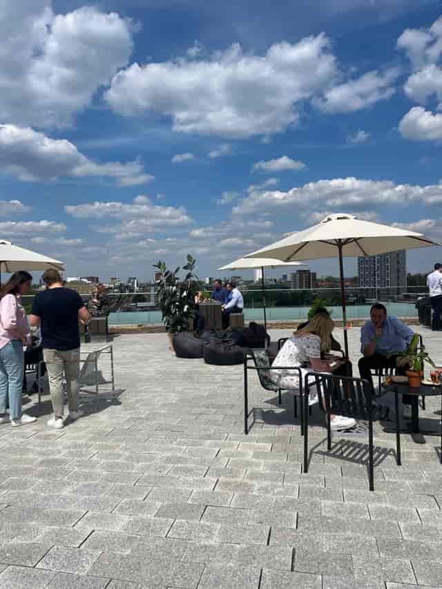 Vibrant outdoor terrace in Shoreditch Exchange for networking events and gatherings.