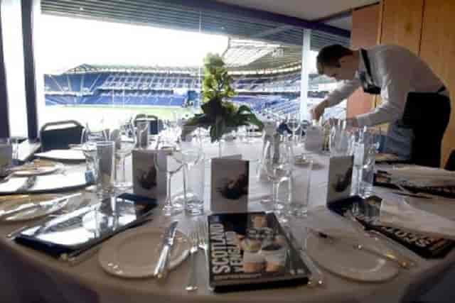 Murrayfield Boxes dining setup for corporate events with elegant table and sports view.