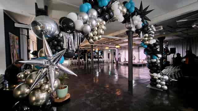 La Galeria event space, balloon arch, modern, upscale celebration