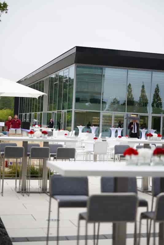 Elegant outdoor event space with modern furniture and red roses for corporate gatherings.
