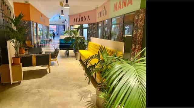 Vibrant event space in Peckham Palms with lush greenery for networking and meetings.
