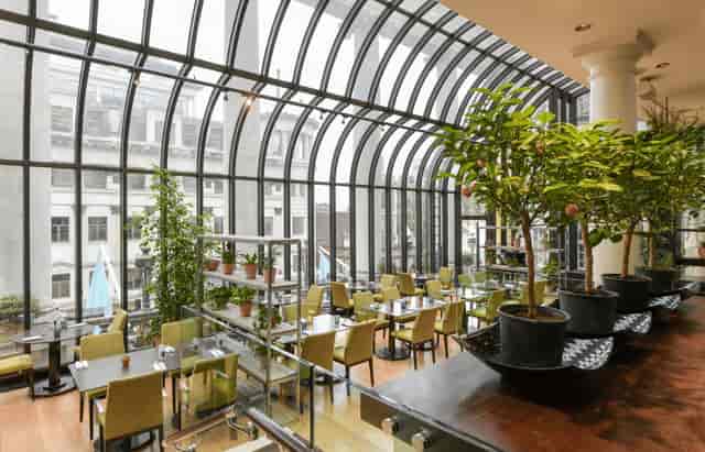 Bright modern restaurant with large windows, perfect for networking events and business lunches.