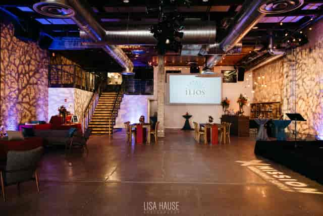 Versatile event space at 800 Congress with ambient lighting for corporate events and gatherings.