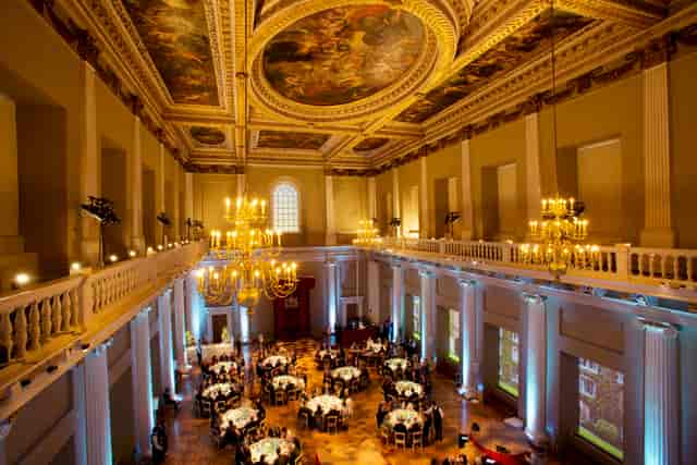 Main Hall in PowerHaus with elegant chandeliers, perfect for upscale weddings and corporate events.