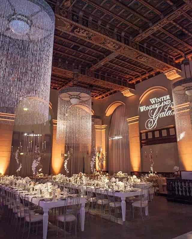 Elegant gala setting at The Majestic Downtown with chandeliers for winter events.
