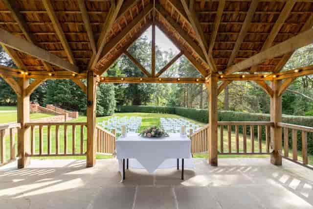 Garden Pavilion at West Lodge Park Hotel, rustic gazebo, ideal for weddings and events.