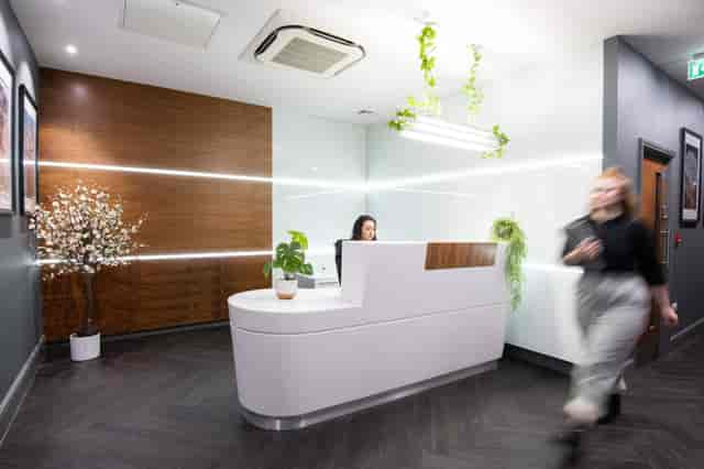 Modern reception area at 46 Park Place, Leeds, perfect for meetings and events.