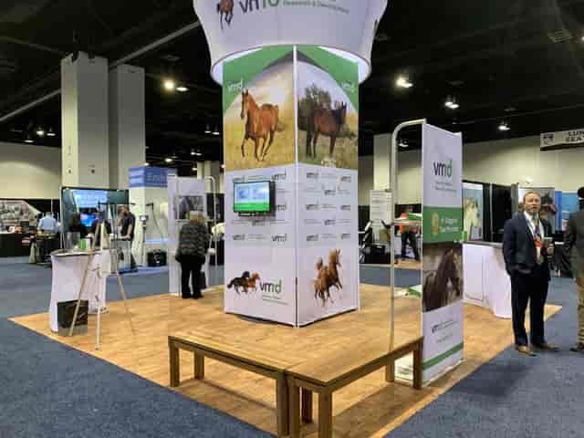 Vibrant equine trade show booth with engaging graphics and digital screen for networking.