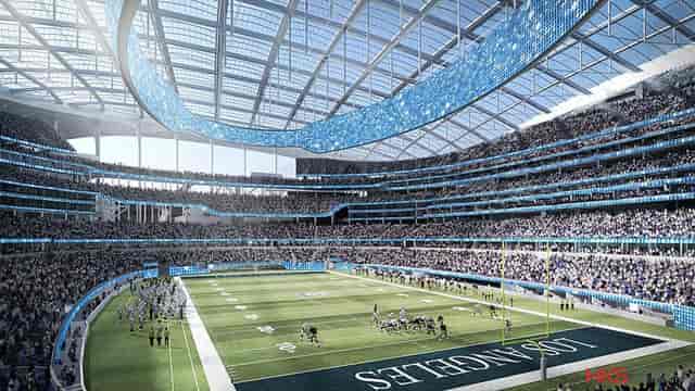 SoFi Stadium interior with modern amenities for sports and concerts events.