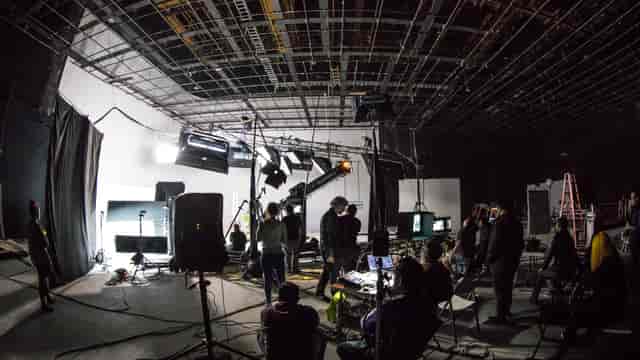 Studio production set in Francisco Studios LA, showcasing audiovisual equipment for events.