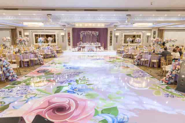 Glenoaks Ballroom with floral floor design, ideal for weddings and upscale events.