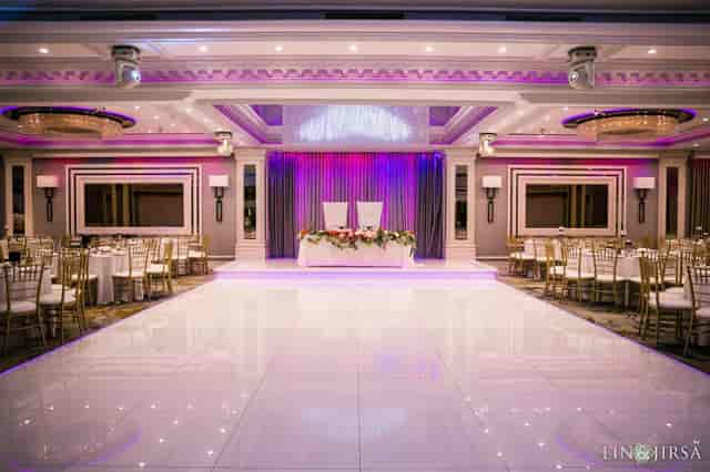 Glenoaks Ballroom with elegant purple lighting, ideal for weddings and formal events.