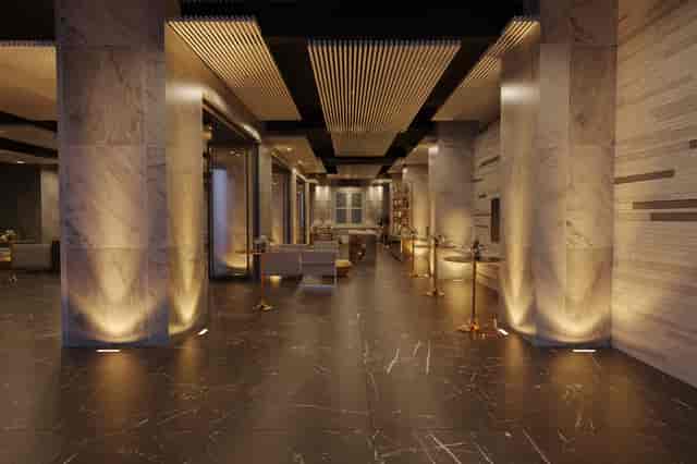 Elegant event space at Conservatory Business Park with marble finishes for upscale meetings.