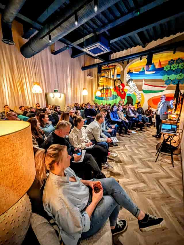 Private Hire Area in Salty Olive with engaging speaker at a networking event.