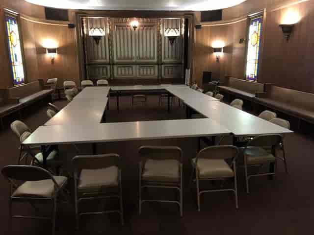 Chapel in Congregation Sherith Israel, U-shaped seating for workshops and meetings.