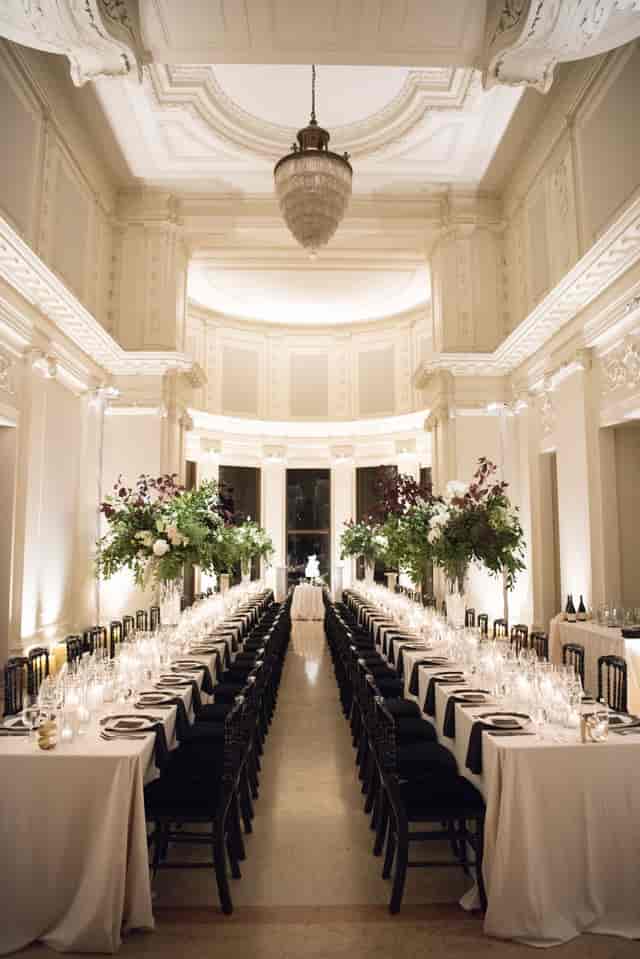 Elegant banquet table in Flood Mansion, perfect for upscale events and celebrations.