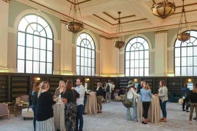 Stylish event space in Webster Hall, San Francisco with high ceilings for networking events.