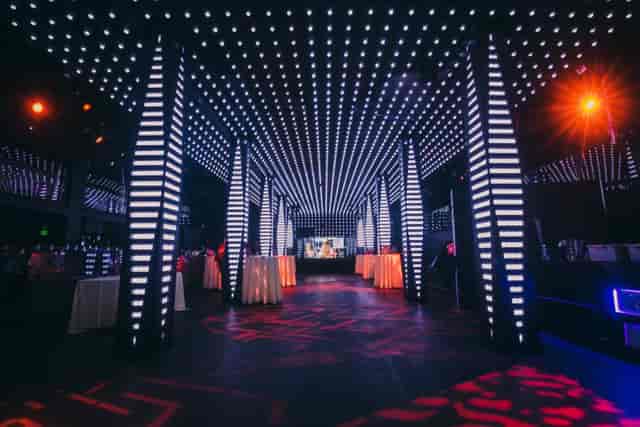 Temple San Francisco event venue with dynamic lighting, ideal for networking and cocktail receptions.