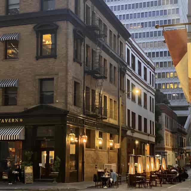 Charming Wayfare Tavern restaurant with warm lighting, ideal for intimate gatherings and events.