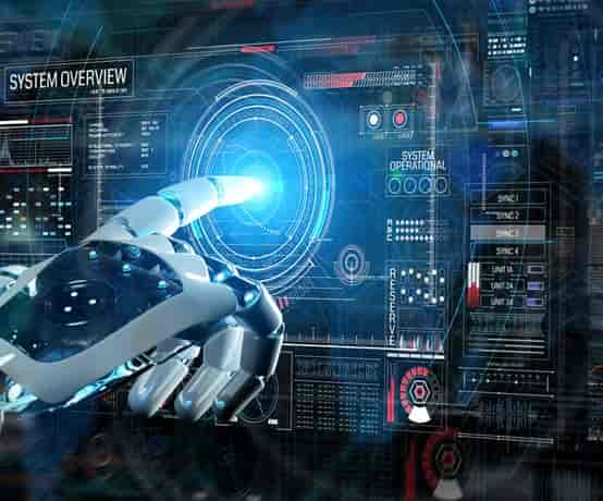 Futuristic robotic hand using digital control panel for immersive event technology.