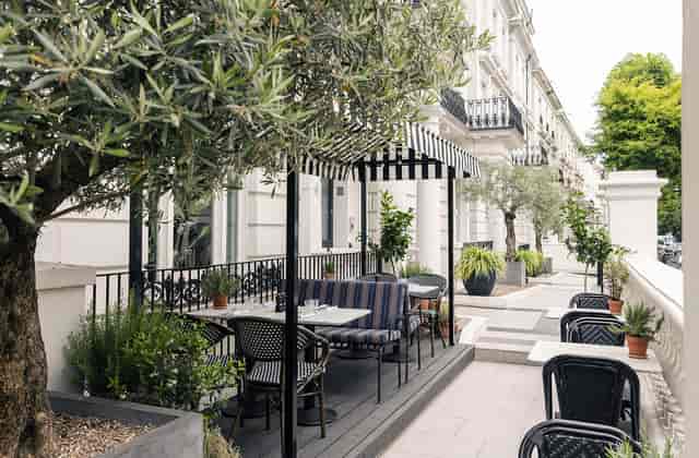 Charming outdoor terrace at The Laslett for networking events and meetings.