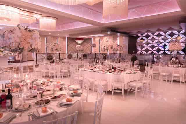 Elegant Arbat Banquet Hall foyer with round tables, perfect for weddings and corporate events.