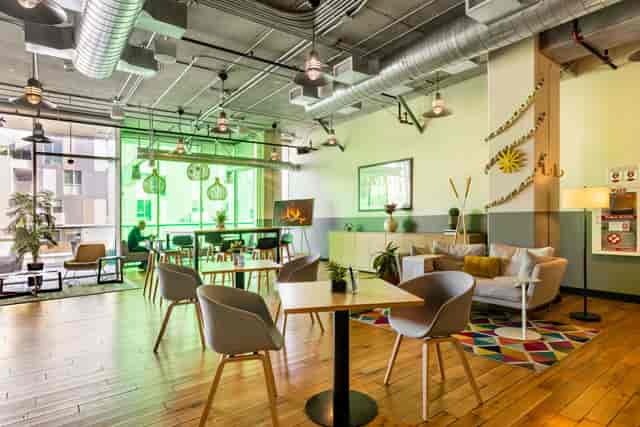 Modern event space in West Hollywood with vibrant decor for networking and meetings.