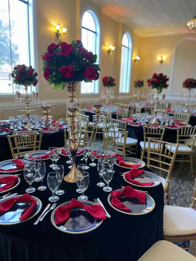 Elegant banquet space with round tables, red rose centerpieces for weddings and formal events.