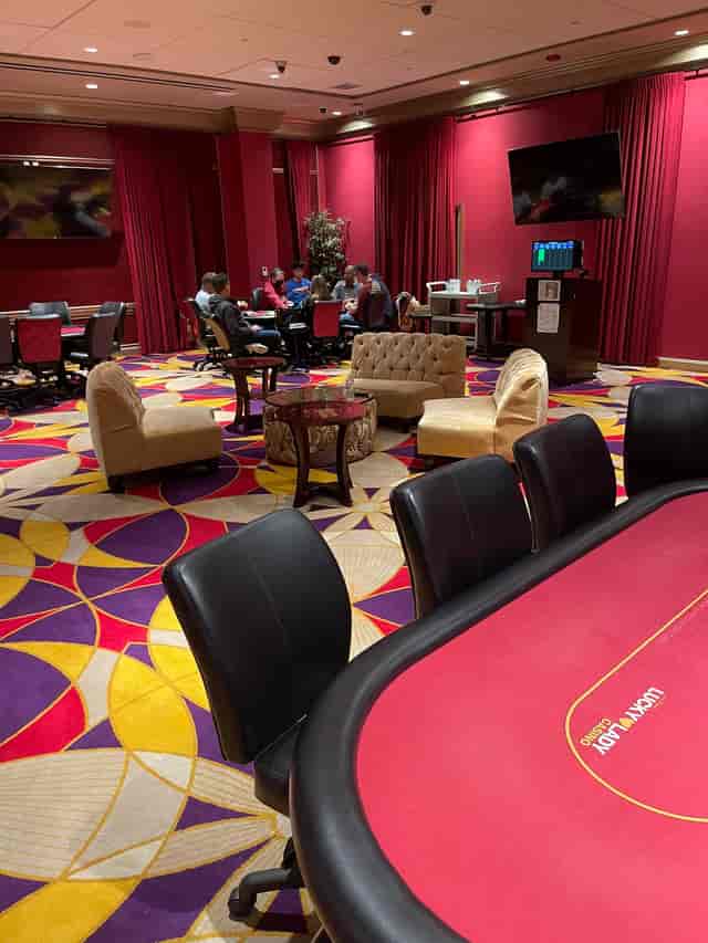 Private room at Lucky Lady Casino with vibrant seating for casual meetings and events.
