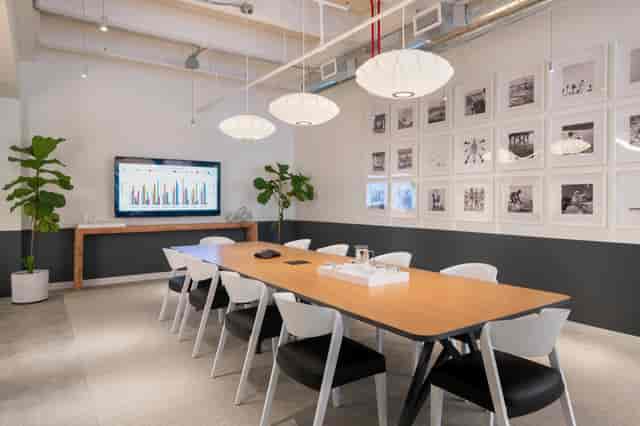 Modern meeting room with wooden table, ideal for collaborative events in CENTRL Office South Bay.